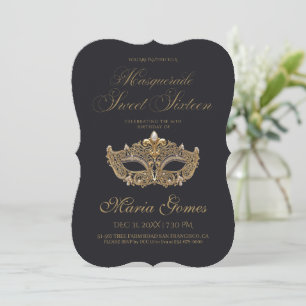 Invitation Mascarade noire Gold Sweet 16 Anniversaire 