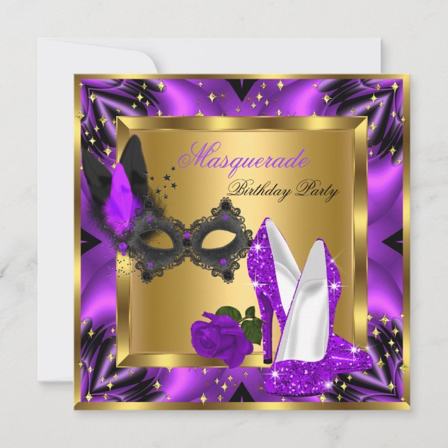 Invitation Mascarade Or Abstrait Magenta Violet Talon Haut (Devant)