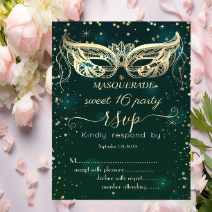 Invitation Mascarade Or Diamants Vert Sweet 16 RSVP