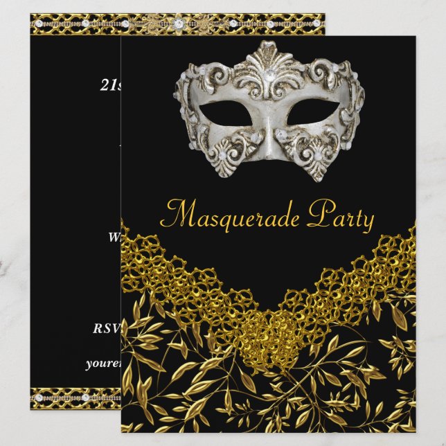 Invitation Mascarade Or Noir Fête de Naissance Glamour Chaud (Devant / Derrière)