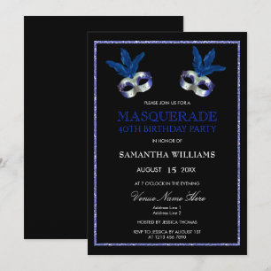 Invitation Mascarade Pailletée Bleue Élégante 40e Anniversair