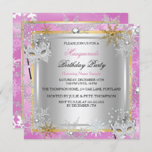 Invitation Mascarade Pink Gold Snowflakes Massive