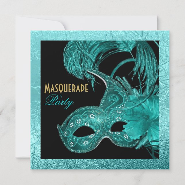 Invitation Mascarade quinceañera anniversaire masque turquois (Devant)