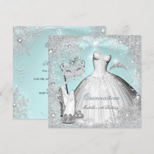 Invitation Mascarade Quinceanera Bleu Menthe Flocons d'Argent