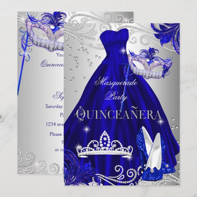 Invitation Mascarade Quinceanera bleu Robe Argent talons (Devant / Derrière)