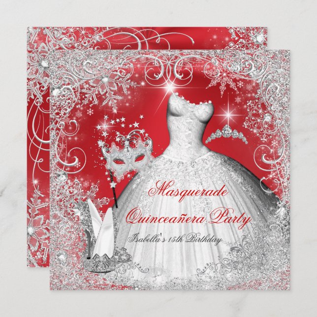 Invitation Mascarade Quinceanera Flakes blancs rouges (Devant / Derrière)