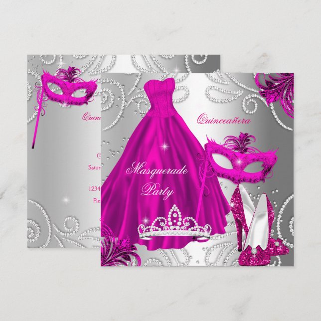 Invitation Mascarade Quinceanera Party Rose robe d'argent (Devant / Derrière)