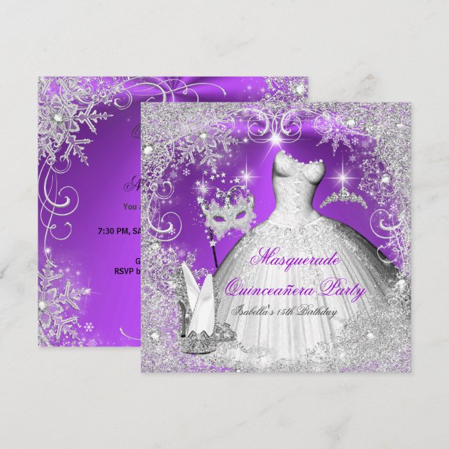 Invitation Mascarade Quinceanera Violet Flocons d'Argent (Devant / Derrière)