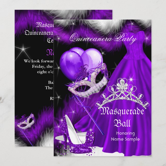 Invitation Mascarade Quinceanera Violet Noir Plume 2a (Devant / Derrière)