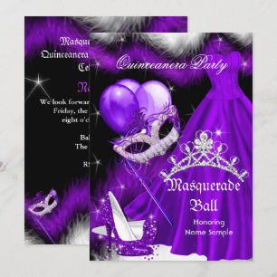 Invitation Mascarade Quinceanera Violet Noir Plume 2a