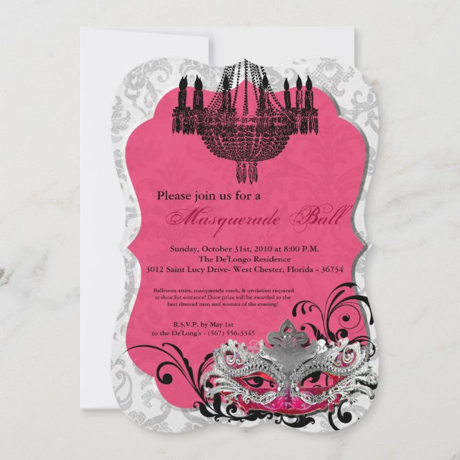 Invitation Mascarade rose chaud mascarade masque costume Hall (Devant)