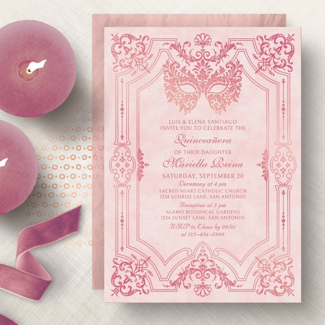 Invitation Mascarade rose élégant Quinceanera (Créateur téléchargé)