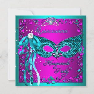 Invitation Mascarade rose turquoise Quinceanera