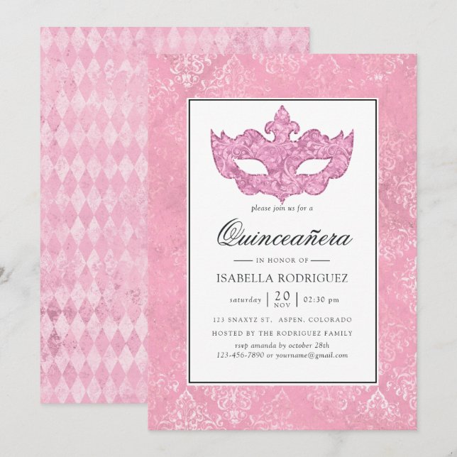 Invitation Mascarade rose vintage Quinceañera (Devant / Derrière)