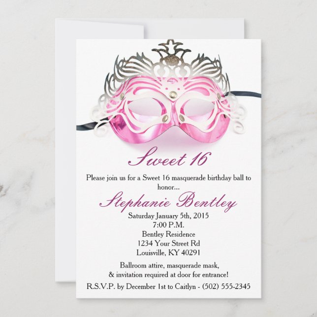 Invitation Mascarade rose Zebra Sweet 16 Anniversaire Invitat (Devant)