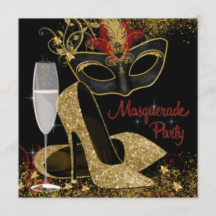 Invitation Mascarade rouge noir et or fête d'anniversaire
