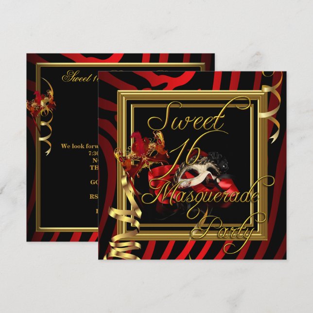 Invitation Mascarade Sweet 16 Seize Ans Douce Zèbre Rouge (Devant / Derrière)