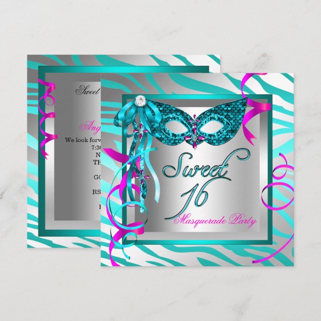 Invitation Mascarade Sweet 16 Seize Ans Turquoise Zèbre (Devant / Derrière)