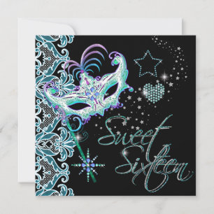 Invitation Mascarade Sweet Sixteen Sweet 16 Turquoise Noir