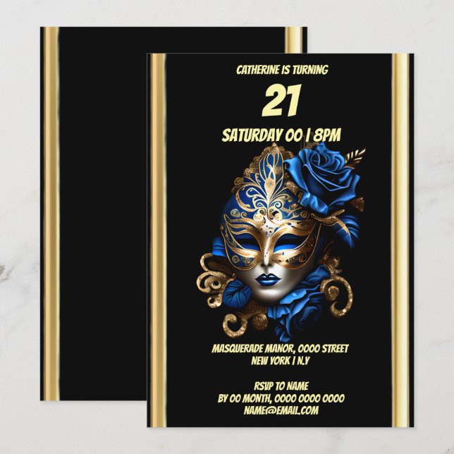Invitation Mascarade thème carnaval bleu masque or masqué (Devant / Derrière)