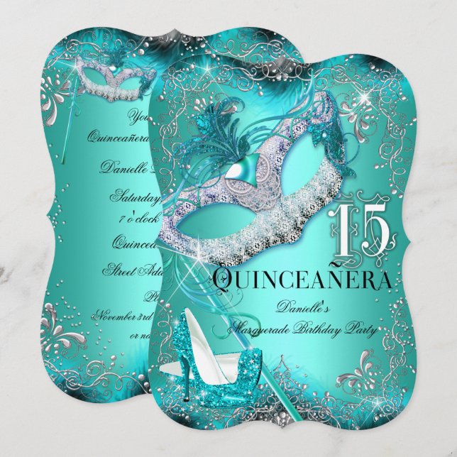 Invitation Mascarade Turquoise étincelle Quinceanera Annivers (Devant / Derrière)