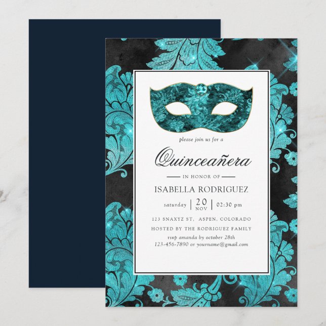Invitation Mascarade Turquoise vintage Damask Quinceañera (Devant / Derrière)