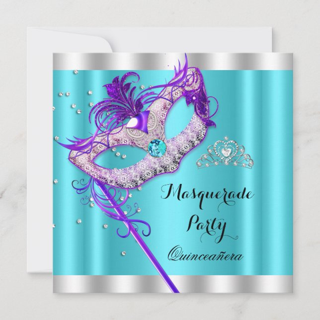Invitation Mascarade turquoise violette Quinceanera (Devant)