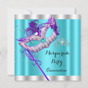 Invitation Mascarade turquoise violette Quinceanera