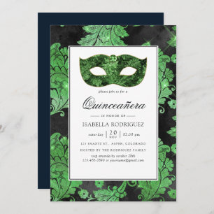 Invitation Mascarade vintage verte et noire Quinceañera