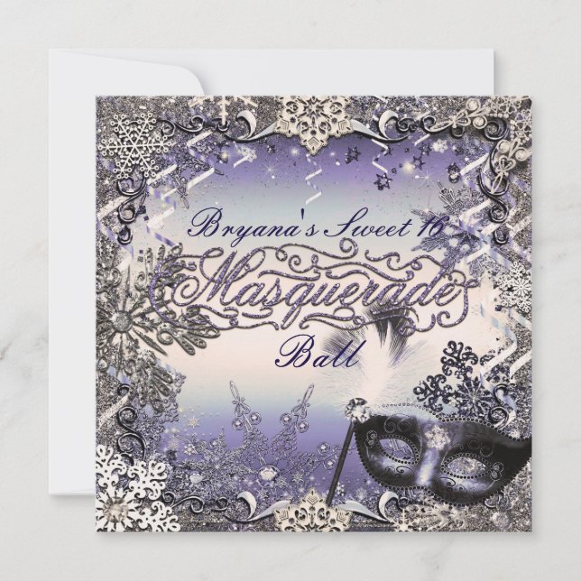 Invitation Mascarade Violet & Argent & Flocons de Neige (Devant)