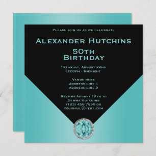 Invitation Masculine sophistiquée Noir & Aqua Anniversaire