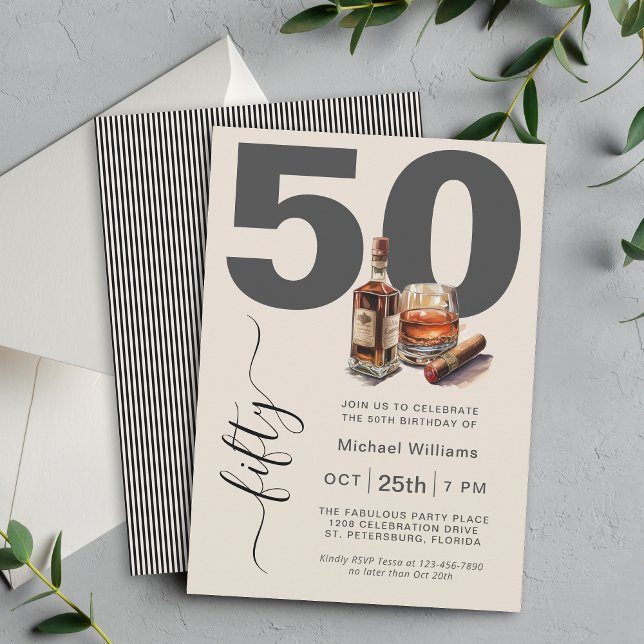 Invitation Masculine Whiskey et Cigars 50e fête d'anniversair (Available as printed and paperless digital download!)
