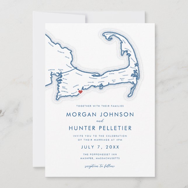 Invitation Mashpee Cape Cod Navy Blue Minimaliste Mariage (Devant)