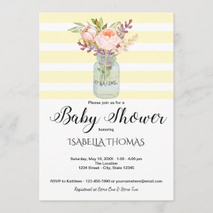 Invitation Mason Fleurs Jar Baby shower rayures Jaunes