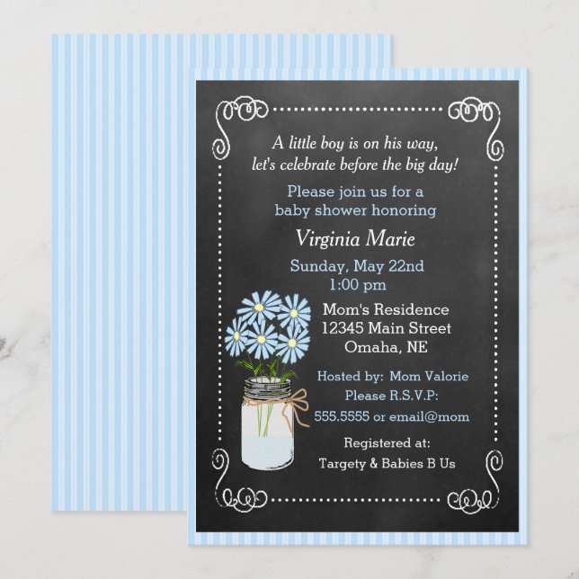 Invitation Mason Jar aux fleurs bleues Baby shower de campagn (Devant / Derrière)
