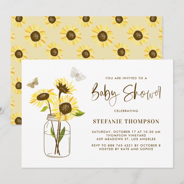 Invitation Mason Jar avec Baby shower de tournesol jaune (Devant / Derrière)