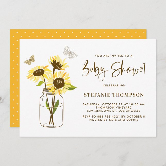 Invitation Mason Jar avec Baby shower de tournesol jaune (Devant / Derrière)