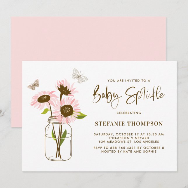 Invitation Mason Jar avec Sunflower rose Bébé saupoudré (Devant / Derrière)