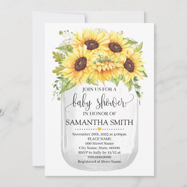 Invitation Mason jar baby shower tournesols pays chic (Devant)
