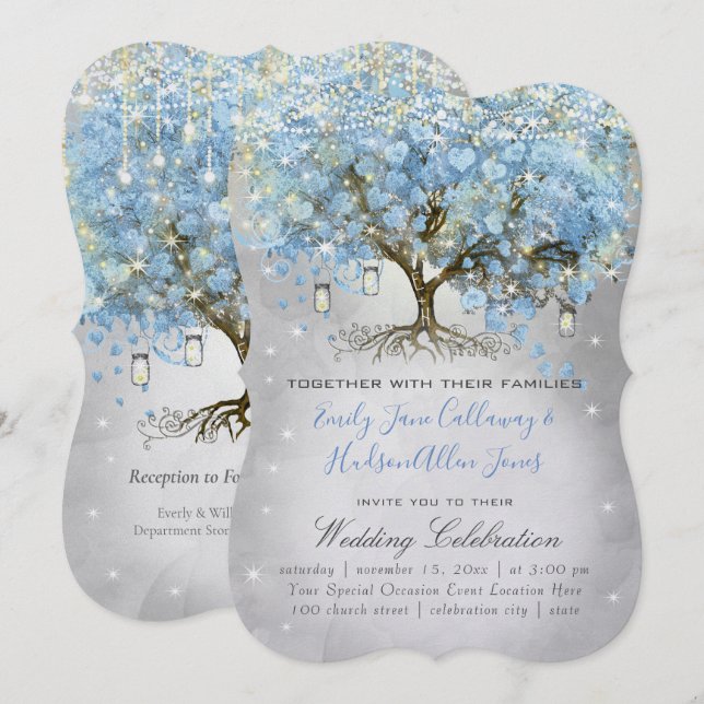 Invitation Mason Jar Bleu Argent Coeur Feutre Arbre Fée Lumiè (Devant / Derrière)