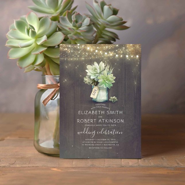 Invitation Mason Jar Bouquet Succulent Mariage campagnard rus (Succulents Mason Jar Vase Cute Rustic Country Wedding Invitation)