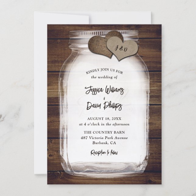 Invitation Mason Jar Burlap Hearts Rustic Wood Wedding (Devant)