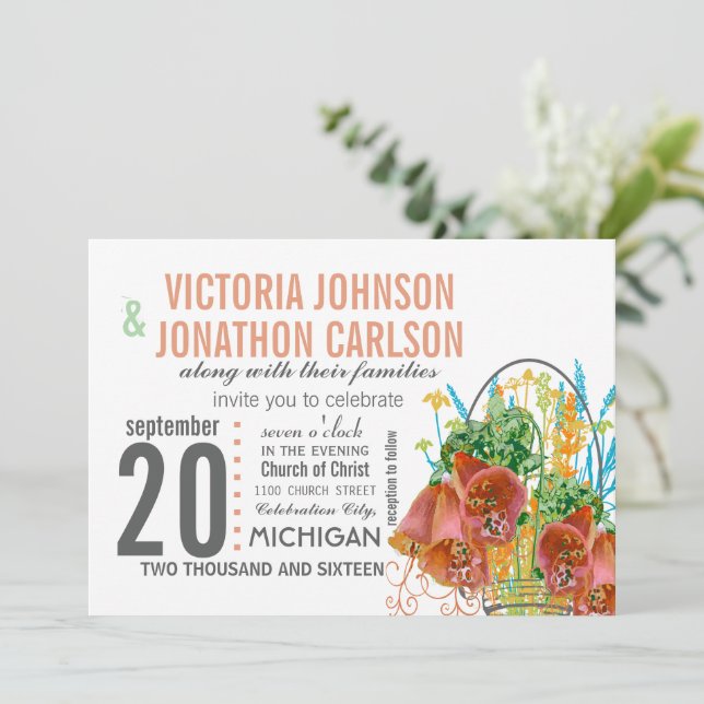 Invitation Mason Jar Coral et Mint Floral Mariage (Debout devant)