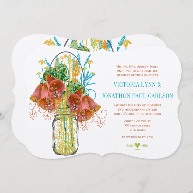 Invitation Mason Jar Coral Jaune Lime Jaune Floral Mariage (Devant / Derrière)