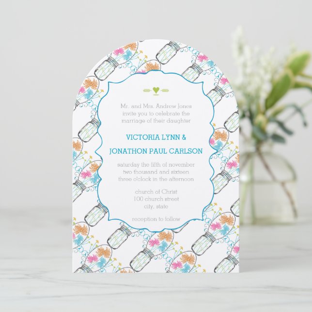 Invitation Mason Jar Coral rose Lime Aqua Mariage Floral (Debout devant)