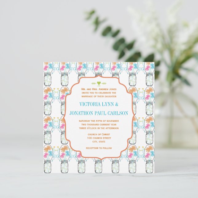 Invitation Mason Jar Coral rose Lime Aqua Mariage Floral (Debout devant)