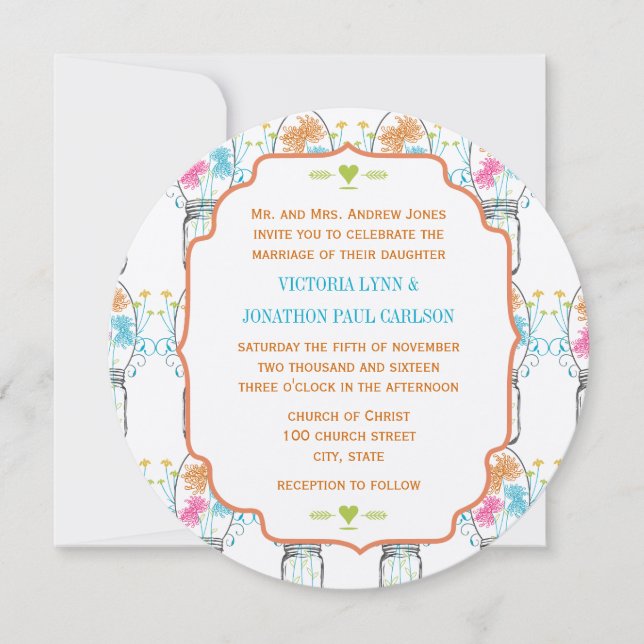 Invitation Mason Jar Coral rose Turquoise Floral Mariage (Devant)
