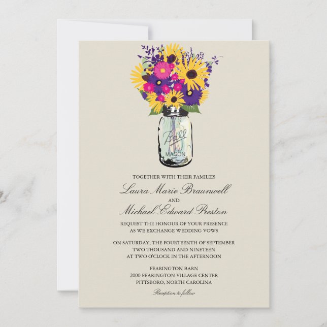 Invitation Mason Jar Daisies et Mariage des tournesols (Devant)