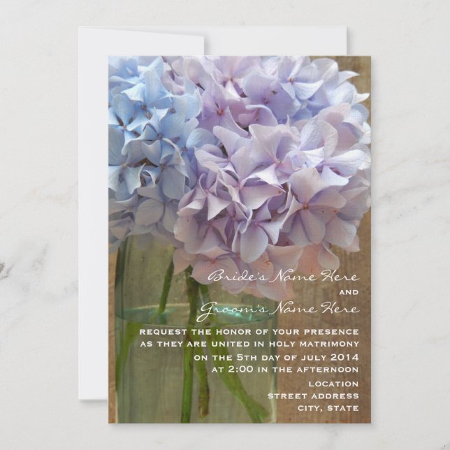 Invitation Mason Jar De L'Mariage Hydrangeas Bleu & Purple (Devant)