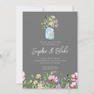 Invitation Mason Jar Fleur sauvage Russe Country Grey Mariage